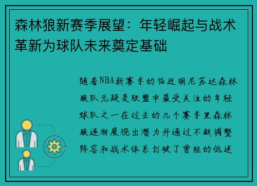 森林狼新赛季展望：年轻崛起与战术革新为球队未来奠定基础